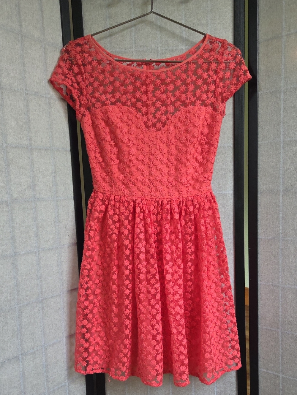 Coral Lace Short-Sleeve Fit & Flare Mini Dress
